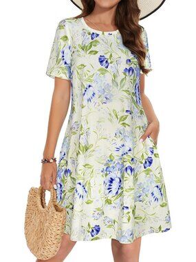 Women's Blue White Floral Sleeve Floral Sundress Beach Cover Mini Dress
